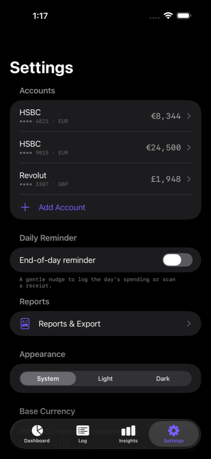 Capital accounts and settings